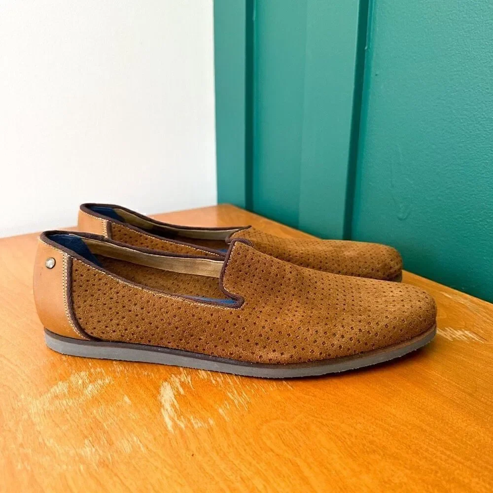 Ted Baker Men’s Oshua Perforated Suede Cognac Brown Leather Slip on Loafers